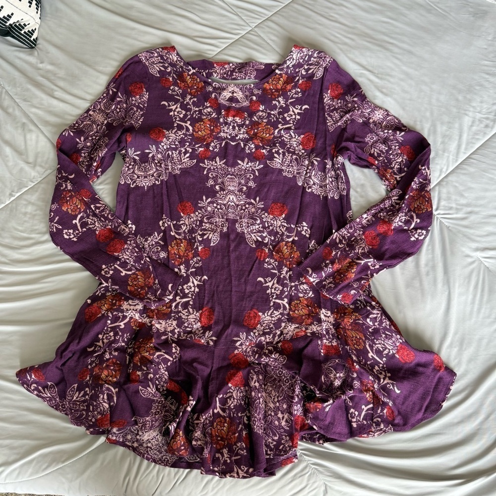 Free People Purple and Red Floral Top Dress Long Sleeve Ruffle Detail